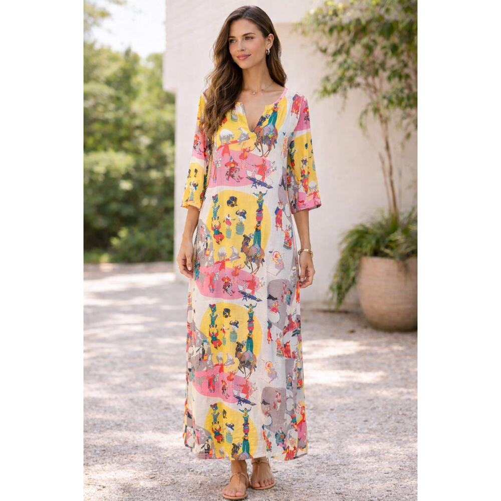 Vintage Circus Clown Novelty Print Colorful Cotton Maxi Kaftan Dress S Quirky